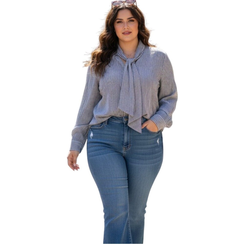 J.Crew Tie Neck Shirt Womens 3X Blue White Striped Crepe De Chine Workwear NWT
